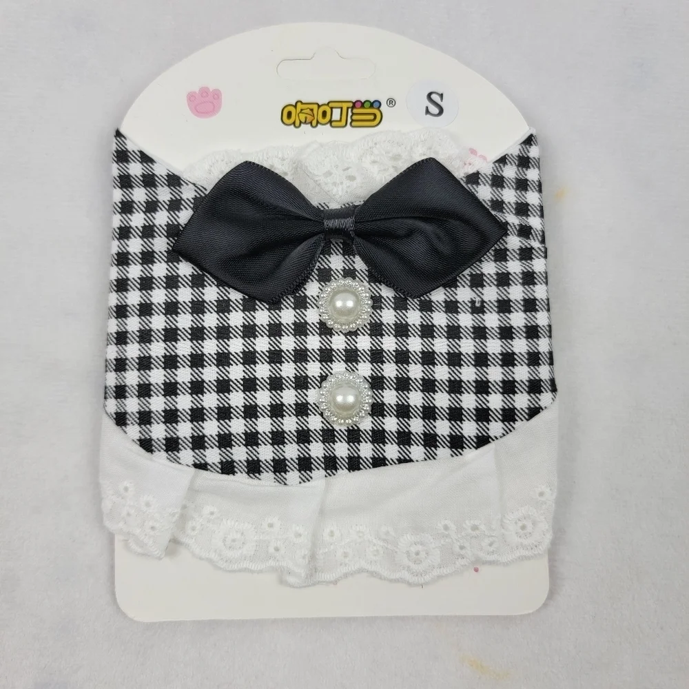 NWT tiny cat / dog scarf collar‎ gingham with pearl and black bow